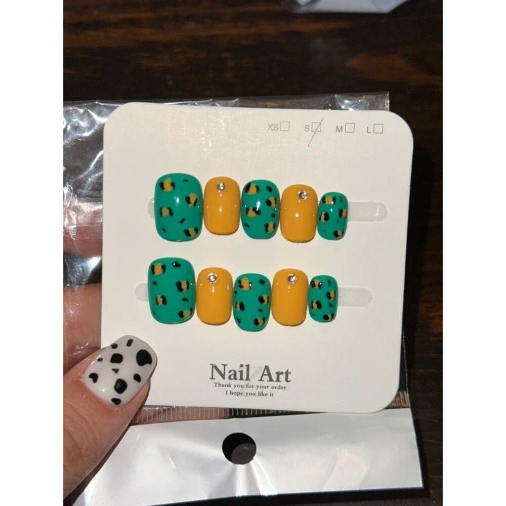 Green Leopard & Yellow Short Square Press On Nails Size Small